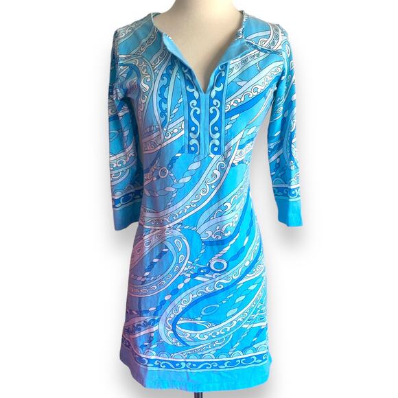 Barbara Gerwit Baby Blue Paisley Print 3/4 Sleeve Slit Neck Summer Mini Dress - Picture 2 of 6